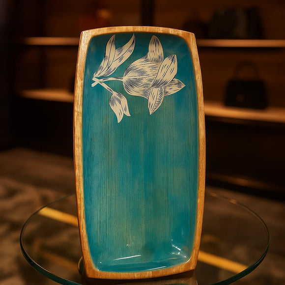 Comfy Homes Wooden Serving Platter | Handcrafted Natural Wood Tray with Floral Design | Durable, Food-Safe and Eco-Friendly | Platter for Snacks, Fruits, Appetizers and Kitchen Decor (Teal Blue)