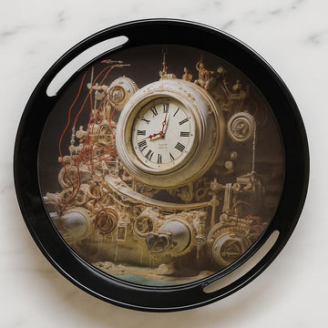 Comfy Homes Round Melamine Tray | Durable, Stackable Serving Tray | Premium Printed Serveware for Kitchen, Dining Table, Coffee Table, Office Desk, Parties, Snacks, Breakfast & More (Clock)