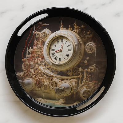 Comfy Homes Round Melamine Tray | Durable, Stackable Serving Tray | Premium Printed Serveware for Kitchen, Dining Table, Coffee Table, Office Desk, Parties, Snacks, Breakfast & More (Clock)