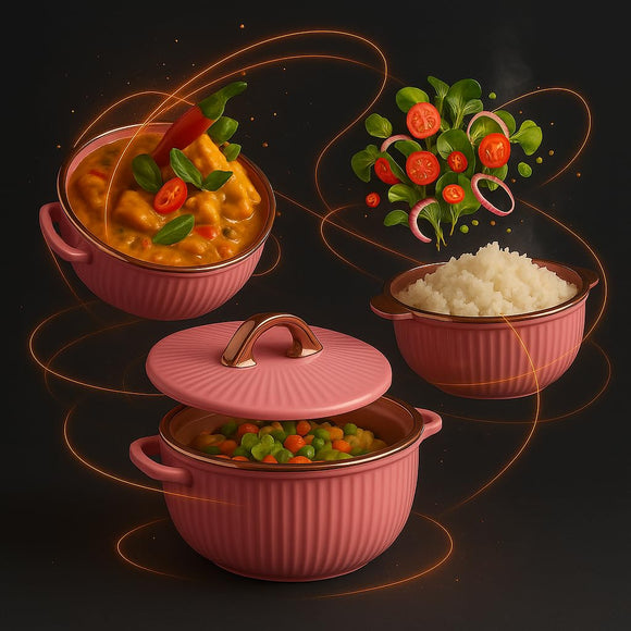 Comfy Homes Set of 3 Casseroles, 1000 2000 3000 ML | Inner Stainless Steel & Outer Plastic Material | BPA Free, Food Grade Hot Pot | Easy to Carry Insulated Roti, Chapati & Kitchen Storage Set (Pink)