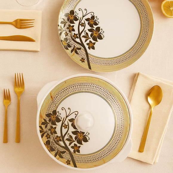 Comfy Homes 40 Pcs Melamine Dinner Set | Round Design with Dinner Plates, Small Plates, Serving Tray, Bowls with Lid, Spoons & Serving Spoons | Unbreakable & Lightweight Dinnerware (Majestic Highness)