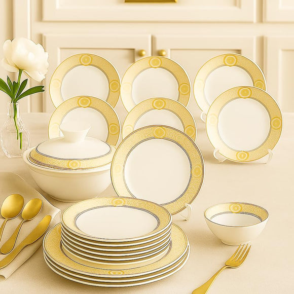 Comfy Homes Round Melamine 41 Pcs Dinner Set | 6 Dinner Plates, 6 Small Plates, 1 Serving Tray, 3 Big Serving Bowls with Lid, 12 Small Bowls, 6 Spoons, 4 Serving Spoons (Rajwada Royale)