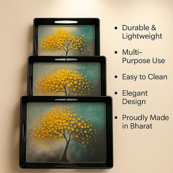 Comfy Homes Durable Multi-Use Premium Printed Rectangular Melamine Serve Ware Set with 3 Trays (Small, Medium & Large) (Autumn Breeze)