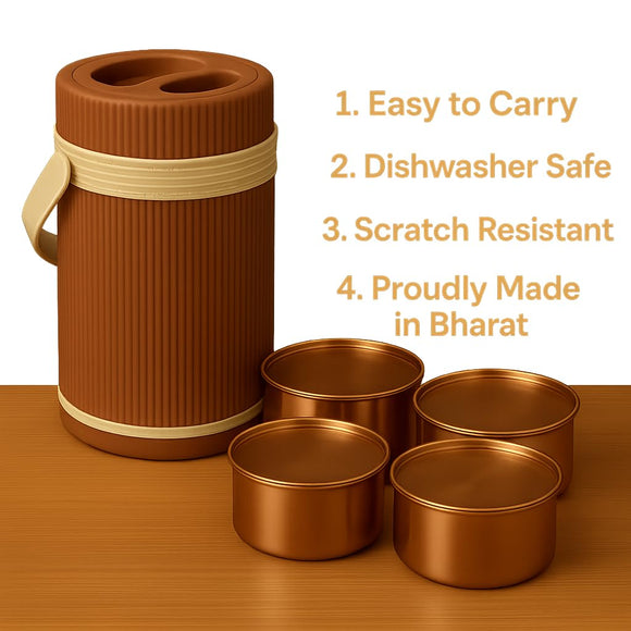Comfy Homes Hot Pot Tiffin with 4 Stainless Steel Containers | Daily Meal Lunch Box for Office, College, School & Outdoors | Food Grade, Leak-Proof & Easy to Carry (Brown)