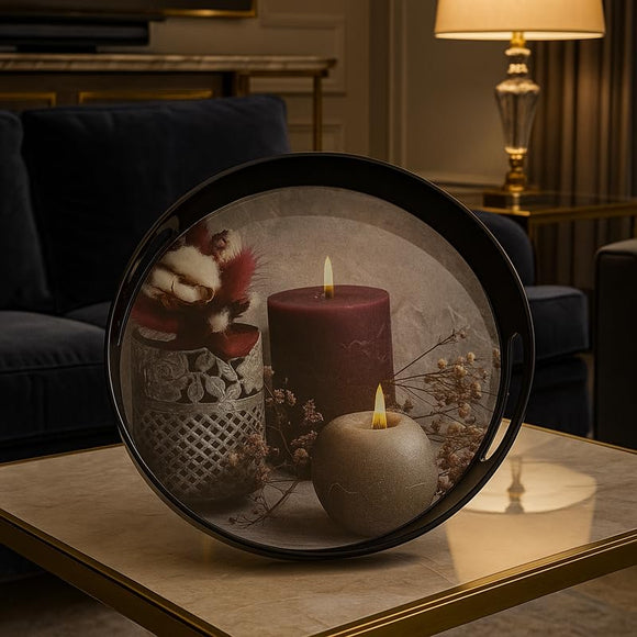 Comfy Homes Round Melamine Tray | Durable, Stackable Serving Tray | Premium Printed Serveware for Kitchen, Dining Table, Coffee Table, Office Desk, Parties, Snacks, Breakfast & More (Candle)