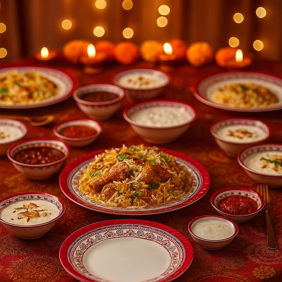 Comfy Homes 41 Pcs Melamine Dinner Set | Round Design with Dinner Plates, Small Plates, Serving Tray, Bowls with Lids, Spoons & Serving Spoons | Unbreakable & Lightweight Dinnerware (Royale Sapphire)