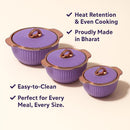Comfy Homes Set of 3 Casseroles, 1000 2000 3000 ML | Inner Stainless Steel Outer Plastic Material | BPA Free, Food Grade Hot Pot | Easy to Carry Insulated Roti, Chapati & Kitchen Storage Set (Purple)-6