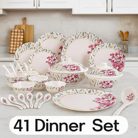 Comfy Homes 41 Pcs Melamine Dinner Set | Round Design with Dinner Plates, Small Plates, Serving Tray, Bowls with Lids, Spoons & Serving Spoons | Unbreakable & Lightweight Dinnerware (Heritage Gold) - 0