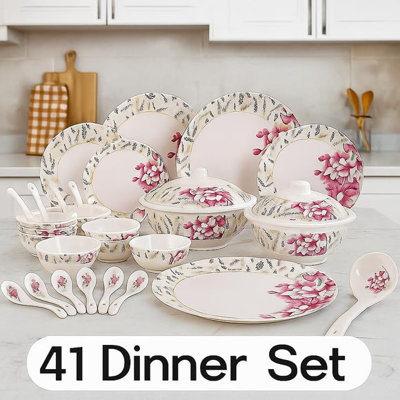 Comfy Homes 41 Pcs Melamine Dinner Set | Round Design with Dinner Plates, Small Plates, Serving Tray, Bowls with Lids, Spoons & Serving Spoons | Unbreakable & Lightweight Dinnerware (Heritage Gold)