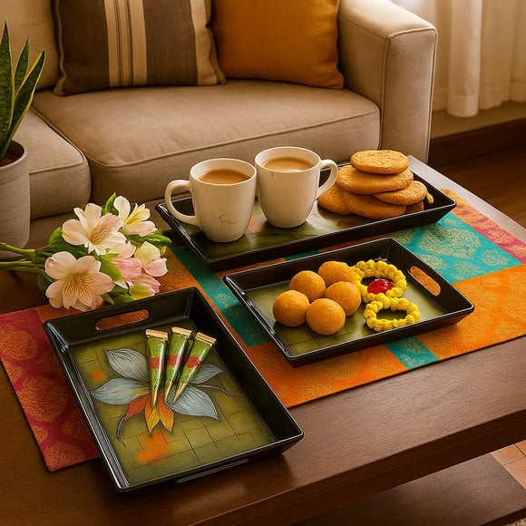 Comfy Homes Durable Multi-Use Premium Printed Rectangular Melamine Serve Ware Set with 3 Trays (Small, Medium & Large) (Royal Bloom)