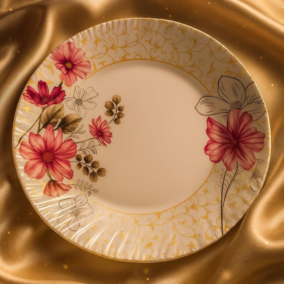 40 Pcs Melamine Dinner Set | Round Design with Dinner Plates, Small Plates, Serving Tray, Bowls with Lids, Spoons & Serving Spoons | Unbreakable & Lightweight Dinnerware (Golden Lining)
