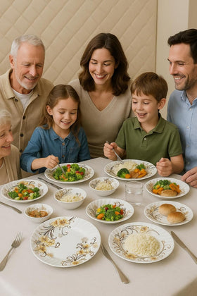 Comfy Homes Round Melamine 41 Pcs Dinner Set | 6 Dinner Plates, 6 Small Plates, 1 Serving Tray, 3 Big Serving Bowls with Lid, 12 Small Bowls, 6 Spoons, 4 Serving Spoons (Yellow Majesty) - 0