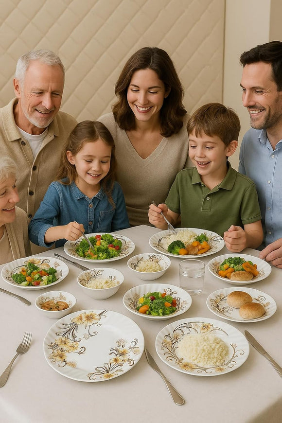 Comfy Homes Round Melamine 41 Pcs Dinner Set | 6 Dinner Plates, 6 Small Plates, 1 Serving Tray, 3 Big Serving Bowls with Lid, 12 Small Bowls, 6 Spoons, 4 Serving Spoons (Yellow Majesty)