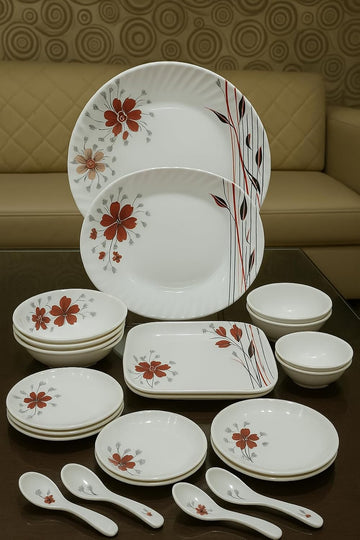 Comfy Homes Round Melamine 41 Pcs Floral Dinner Set | 6 Dinner Plates, 6 Small Plates, 1 Serving Tray, 3 Big Serving Bowls with Lid, 12 Small Bowls, 6 Spoons, 4 Serving Spoons (Blackkish Red Flora)