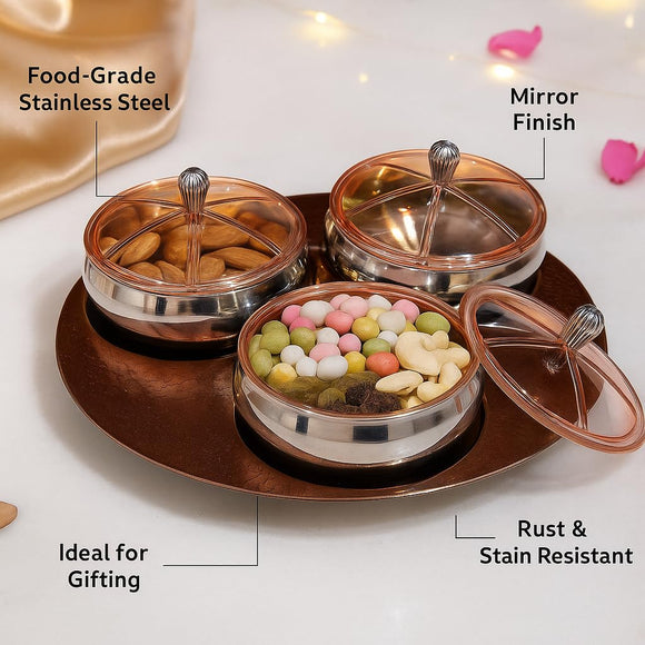 Comfy Homes 3 in 1 Dry Fruit Container | Mirror Finish Dry Food Storage Box I Gifting Use & Multi-Purpose Food Grade Stainless Steel Box I Serving Platter with 3 Sections (Rose Gold)