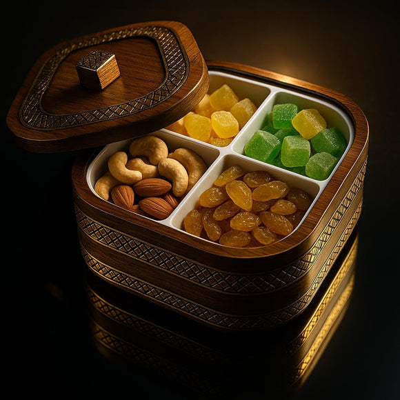 Comfy Homes Revolving Dry Fruit & Snack Storage Box | 4-Section Multi-Purpose Container | Square Shape Dry Food Organizer, Serving Platter & Gift Box for Home & Festive Use (Prestige)