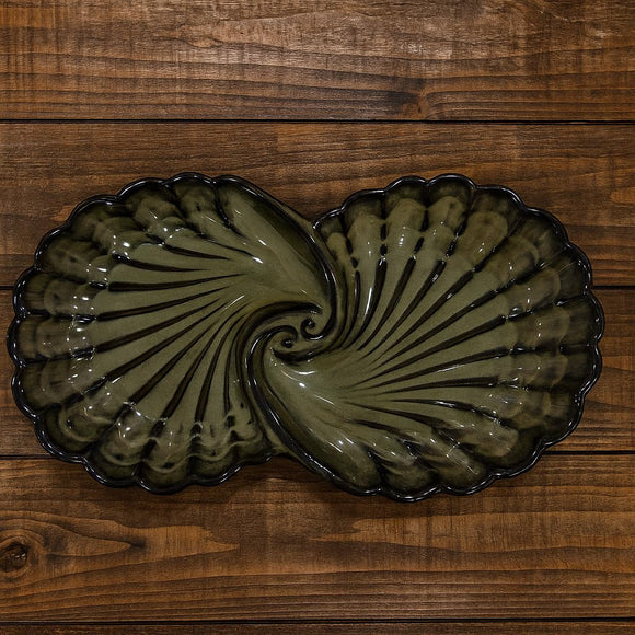 Comfy Homes Ceramic Open Shell Dual Serving Platter | Elegant Stoneware Snack & Dinner Plate | Stylish Brown Modern Design | Ideal for Starters, Snacks, Desserts & Parties (Military Green)