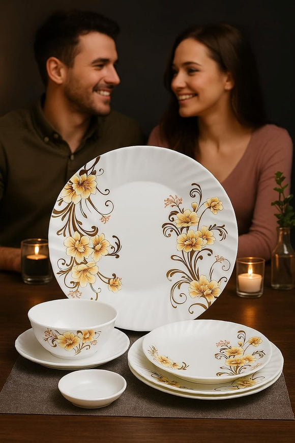 Comfy Homes Round Melamine 41 Pcs Dinner Set | 6 Dinner Plates, 6 Small Plates, 1 Serving Tray, 3 Big Serving Bowls with Lid, 12 Small Bowls, 6 Spoons, 4 Serving Spoons (Yellow Majesty)