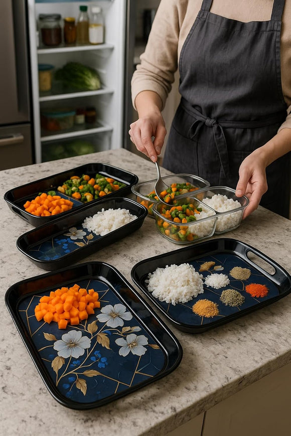 Comfy Homes Durable Multi-Use Premium Printed Rectangular Melamine Serve Ware Set with 3 Trays (Small, Medium & Large) (Blue Tulips)