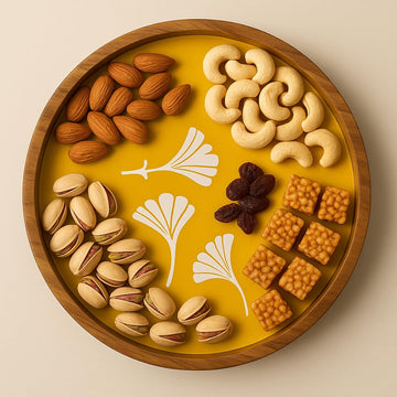 Comfy Homes Wooden Circular Platter | Handcrafted Round Serving Tray | Durable, Food-Safe and Eco-Friendly | Elegant Wooden Plate for Snacks, Fruits, Dry Fruits, Appetizers and Kitchen Decor (Brown)