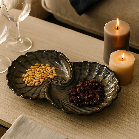 Comfy Homes Ceramic Open Shell Dual Serving Platter | Elegant Stoneware Snack & Dinner Plate | Stylish Brown Modern Design | Ideal for Starters, Snacks, Desserts & Parties (Military Green)
