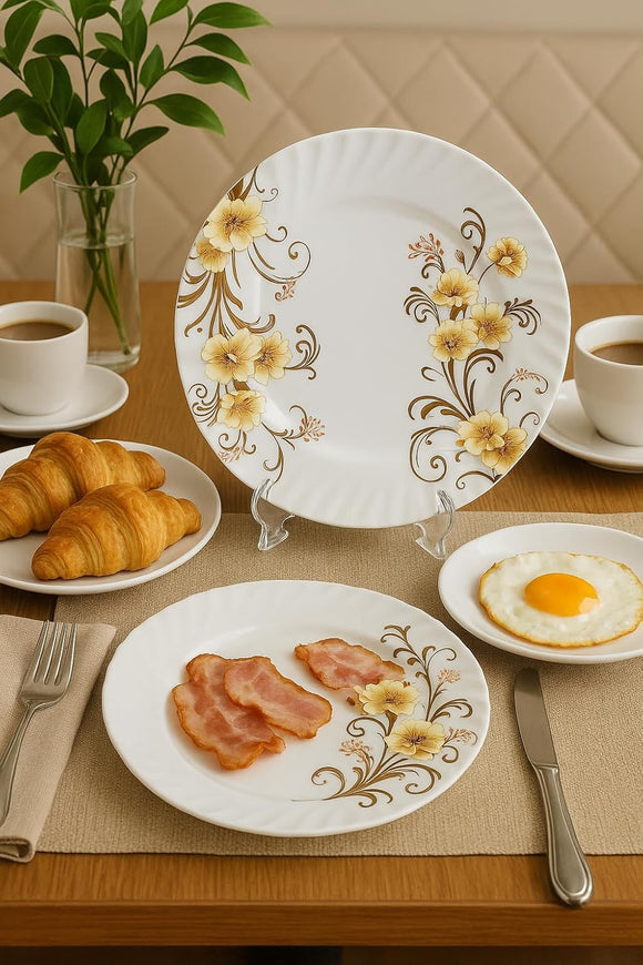 Comfy Homes Round Melamine 41 Pcs Dinner Set | 6 Dinner Plates, 6 Small Plates, 1 Serving Tray, 3 Big Serving Bowls with Lid, 12 Small Bowls, 6 Spoons, 4 Serving Spoons (Yellow Majesty)