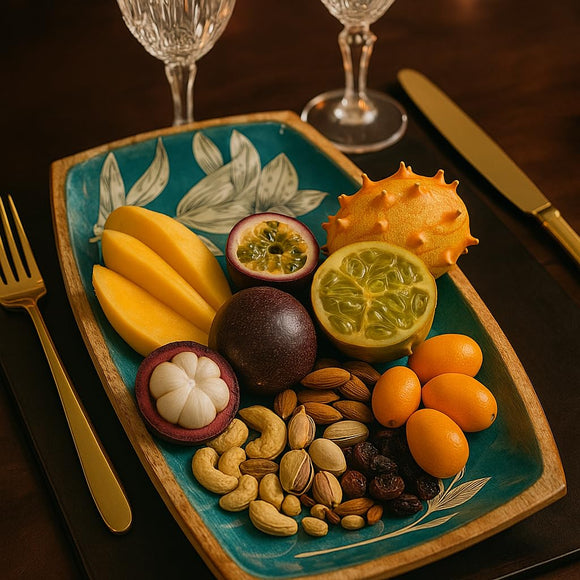 Comfy Homes Wooden Serving Platter | Handcrafted Natural Wood Tray with Floral Design | Durable, Food-Safe and Eco-Friendly | Platter for Snacks, Fruits, Appetizers and Kitchen Decor (Teal Blue)