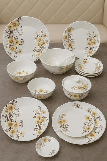 Comfy Homes Round Melamine 41 Pcs Dinner Set | 6 Dinner Plates, 6 Small Plates, 1 Serving Tray, 3 Big Serving Bowls with Lid, 12 Small Bowls, 6 Spoons, 4 Serving Spoons (Yellow Majesty)