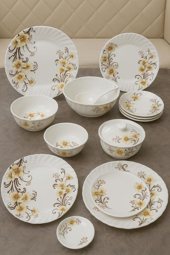 Comfy Homes Round Melamine 41 Pcs Dinner Set | 6 Dinner Plates, 6 Small Plates, 1 Serving Tray, 3 Big Serving Bowls with Lid, 12 Small Bowls, 6 Spoons, 4 Serving Spoons (Yellow Majesty)