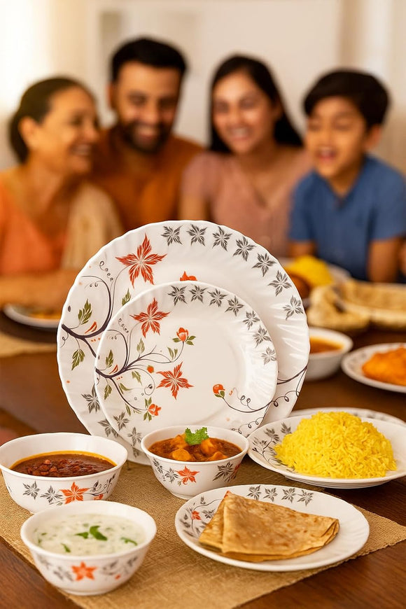 Comfy Homes Round Melamine 41 Pcs Dinner Set | 6 Dinner Plates, 6 Small Plates, 1 Serving Tray, 3 Big Serving Bowls with Lid, 12 Small Bowls, 6 Spoons, 4 Serving Spoons (Orange Blossom)
