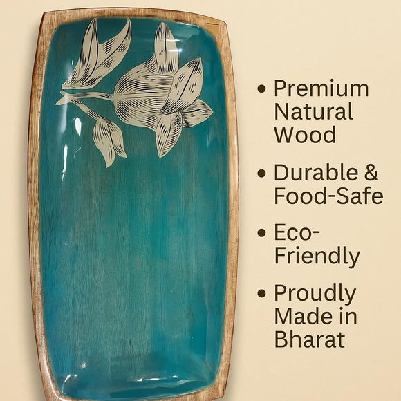 Comfy Homes Wooden Serving Platter | Handcrafted Natural Wood Tray with Floral Design | Durable, Food-Safe and Eco-Friendly | Platter for Snacks, Fruits, Appetizers and Kitchen Decor (Teal Blue)
