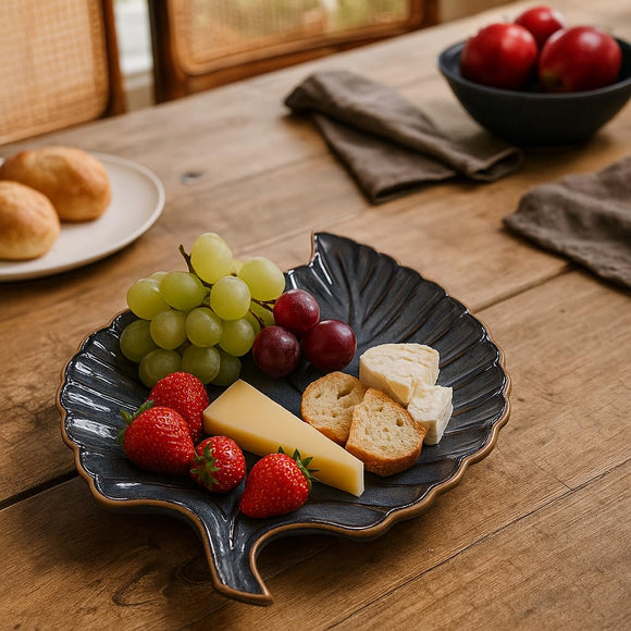 Comfy Homes Ceramic Leaf Serving Platter | Elegant Stoneware Snack & Dinner Plate | Stylish Brown Modern Design | Ideal for Starters, Snacks, Desserts & Parties