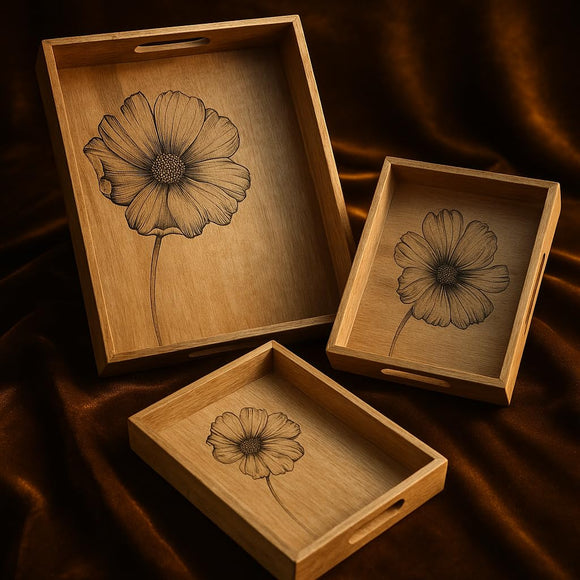 Comfy Homes Wooden Serving Tray | Handcrafted Natural Wood Trays for Snacks, Tea, Coffee, Breakfast & Entertaining | Rustic, Durable & Eco-Friendly Kitchenware (Beige, Set of 3)