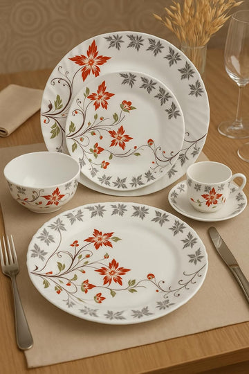Comfy Homes Round Melamine 41 Pcs Dinner Set | 6 Dinner Plates, 6 Small Plates, 1 Serving Tray, 3 Big Serving Bowls with Lid, 12 Small Bowls, 6 Spoons, 4 Serving Spoons (Orange Blossom) - 0