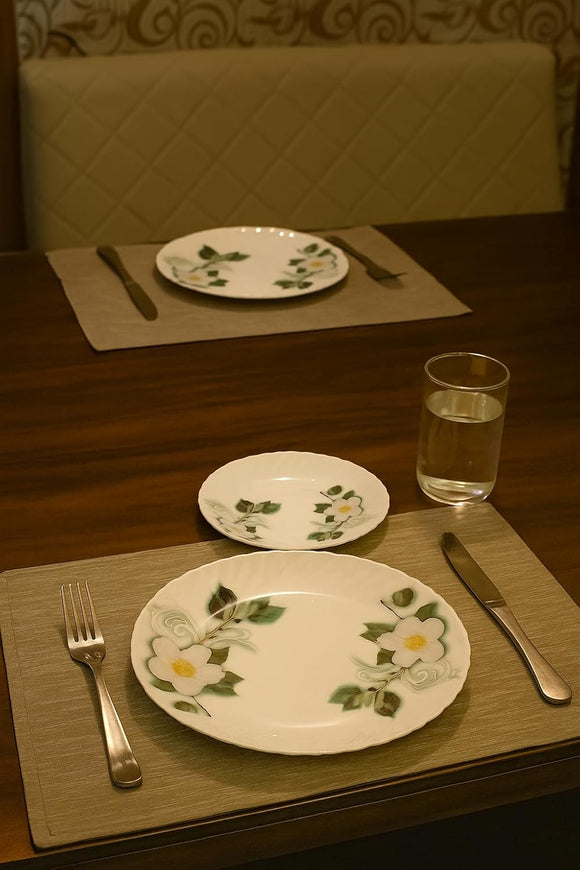 Comfy Homes Round Melamine 41 Pcs Dinner Set | 6 Dinner Plates, 6 Small Plates, 1 Serving Tray, 3 Big Serving Bowls with Lid, 12 Small Bowls, 6 Spoons, 4 Serving Spoons (White Blossom)