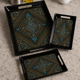 Comfy Homes Durable Multi-Use Premium Printed Rectangular Melamine Serve Ware Set with 3 Trays (Small, Medium & Large) (Royal Monarch)