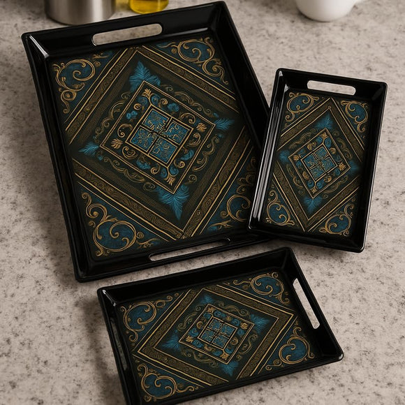 Comfy Homes Durable Multi-Use Premium Printed Rectangular Melamine Serve Ware Set with 3 Trays (Small, Medium & Large) (Royal Monarch)