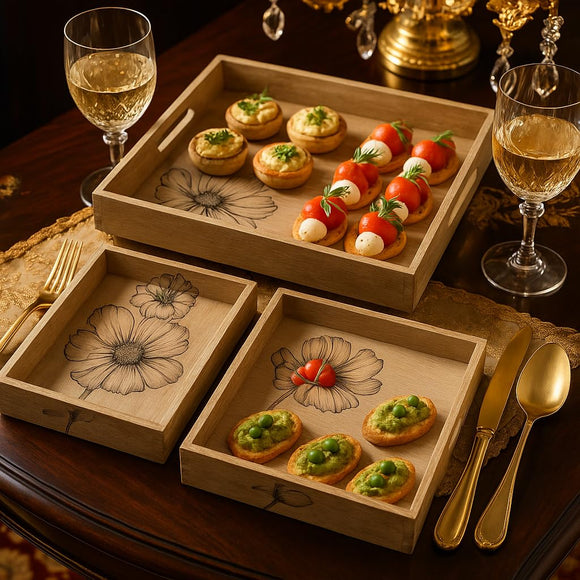 Comfy Homes Wooden Serving Tray | Handcrafted Natural Wood Trays for Snacks, Tea, Coffee, Breakfast & Entertaining | Rustic, Durable & Eco-Friendly Kitchenware (Beige, Set of 3)