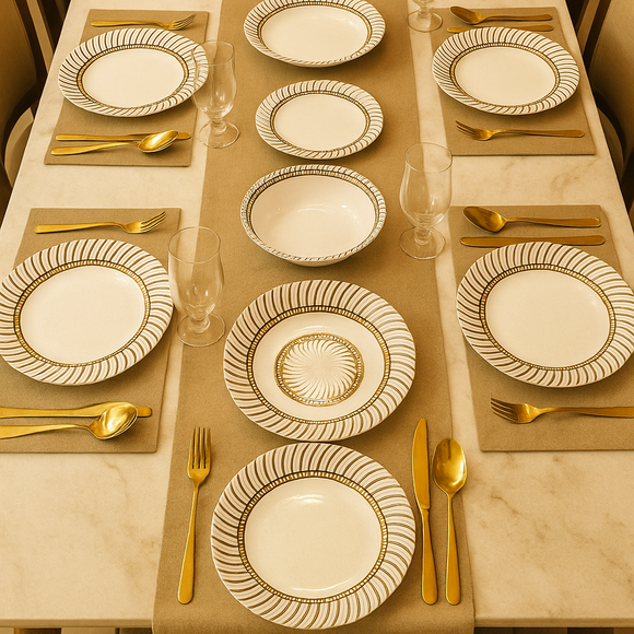 Comfy Homes Round Melamine 41 Pcs Dinner Set | 6 Dinner Plates, 6 Small Plates, 1 Serving Tray, 3 Big Serving Bowls with Lid, 12 Small Bowls, 6 Spoons, 4 Serving Spoons (Jasmine Glow)