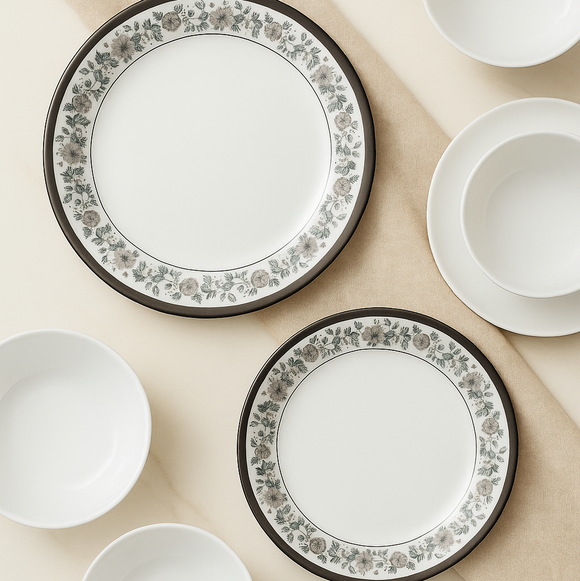 Comfy Homes Round Melamine 41 Pcs Dinner Set | 6 Dinner Plates, 6 Small Plates, 1 Serving Tray, 3 Big Serving Bowls with Lid, 12 Small Bowls, 6 Spoons, 4 Serving Spoons (Nizam Gold)