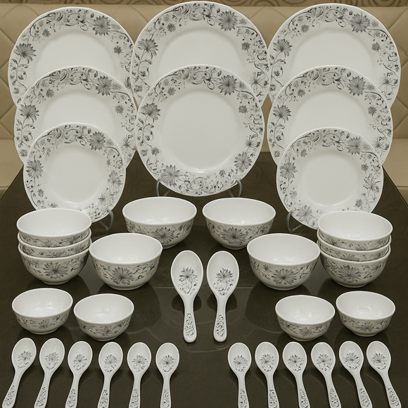 Comfy Homes Round Melamine 41 Pcs Floral Dinner Set | 6 Dinner Plates, 6 Small Plates, 1 Serving Tray, 3 Big Serving Bowls with Lid, 12 Small Bowls, 6 Spoons, 4 Serving Spoons (Royal Black)