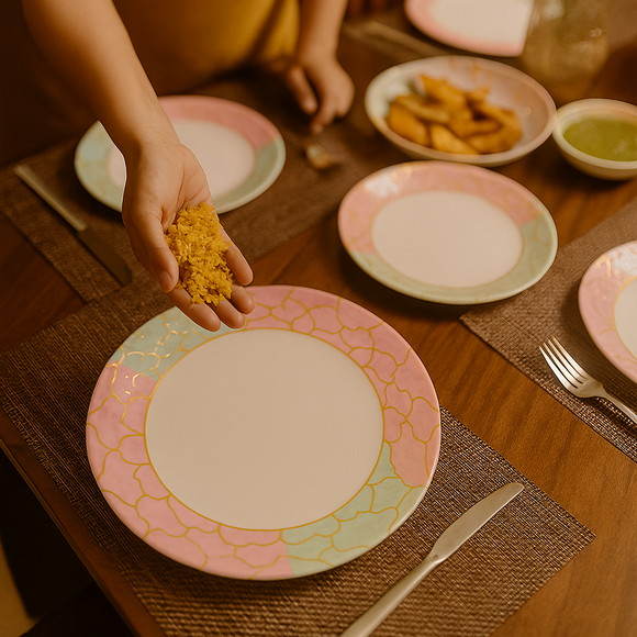 Comfy Homes Round Melamine 41 Pcs Dinner Set | 6 Dinner Plates, 6 Small Plates, 1 Serving Tray, 3 Big Serving Bowls with Lid, 12 Small Bowls, 6 Spoons, 4 Serving Spoons (The Nawabi Series)