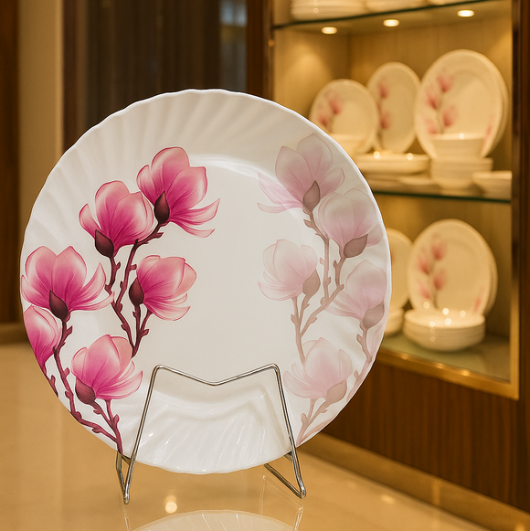 Comfy Homes Round Melamine 41 Pcs Dinner Set | 6 Dinner Plates, 6 Small Plates, 1 Serving Tray, 3 Big Serving Bowls with Lid, 12 Small Bowls, 6 Spoons, 4 Serving Spoons (Pink Blossom)