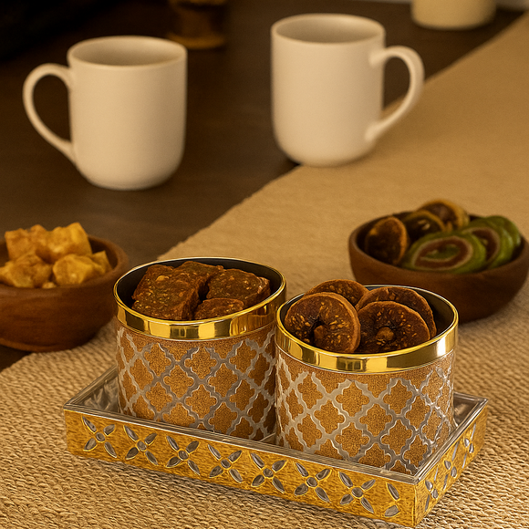 Comfy Homes Revolving Dry Fruit Container Collection | Dry Food Storage Box I Gifting Use I Multi-Purpose Box I Serving Platter with 4 section (Golden Bliss Set of 2)