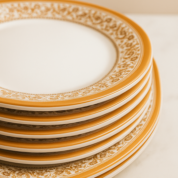 Comfy Homes Round Melamine 41 Pcs Dinner Set | 6 Dinner Plates, 6 Small Plates, 1 Serving Tray, 3 Big Serving Bowls with Lid, 12 Small Bowls, 6 Spoons, 4 Serving Spoons (Kesar Bloom)