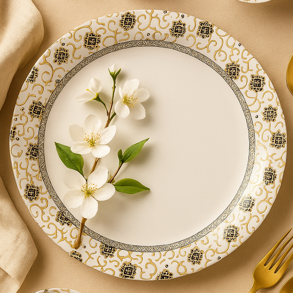 Comfy Homes Round Melamine 41 Pcs Dinner Set | 6 Dinner Plates, 6 Small Plates, 1 Serving Tray, 3 Big Serving Bowls with Lid, 12 Small Bowls, 6 Spoons, 4 Serving Spoons (Gulbahar Luxe)