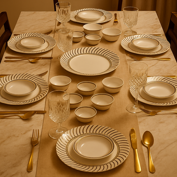 Comfy Homes Round Melamine 41 Pcs Dinner Set | 6 Dinner Plates, 6 Small Plates, 1 Serving Tray, 3 Big Serving Bowls with Lid, 12 Small Bowls, 6 Spoons, 4 Serving Spoons (Jasmine Glow) - 0