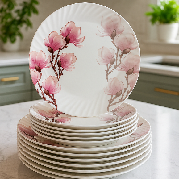 Comfy Homes Round Melamine 41 Pcs Dinner Set | 6 Dinner Plates, 6 Small Plates, 1 Serving Tray, 3 Big Serving Bowls with Lid, 12 Small Bowls, 6 Spoons, 4 Serving Spoons (Pink Blossom)