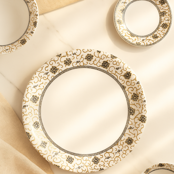 Comfy Homes Round Melamine 41 Pcs Dinner Set | 6 Dinner Plates, 6 Small Plates, 1 Serving Tray, 3 Big Serving Bowls with Lid, 12 Small Bowls, 6 Spoons, 4 Serving Spoons (Gulbahar Luxe)