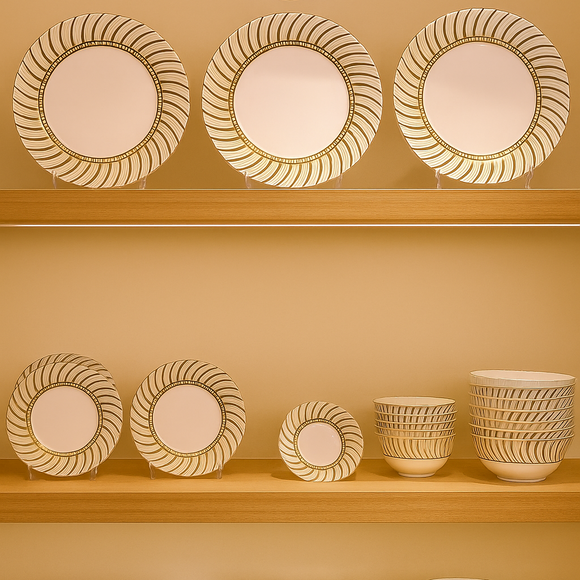 Comfy Homes Round Melamine 41 Pcs Dinner Set | 6 Dinner Plates, 6 Small Plates, 1 Serving Tray, 3 Big Serving Bowls with Lid, 12 Small Bowls, 6 Spoons, 4 Serving Spoons (Jasmine Glow)